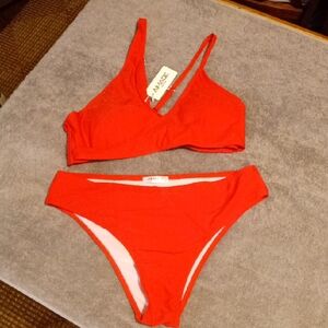 Red V-Neck Bikini Set - Women Swim